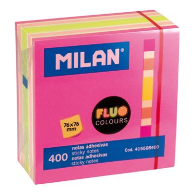 Milan Bloc 400 notes adhésives couleurs Fluo 76 x 76 mm (rose, multicolore)