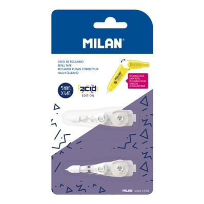 Milan Blister 2 recharges ruban correcteur avec bouton poussoir Acid 5 mm x 6 m