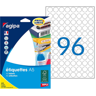 Agipa Etiquettes multi-usage, diamètre: 15 mm, rond, blanc 114002