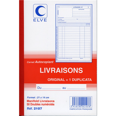 Elve Carnet de Livraison A5 Original + 1 Duplicata, dupli Réf 2107