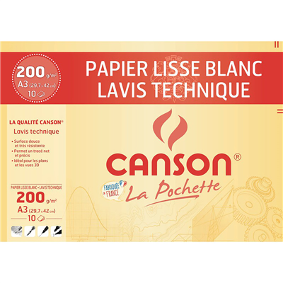 CANSON Papier lisse blanc Lavis technique A3 200 g/m2