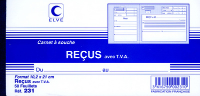 ELVE Carnet à souche Reçu avec TVA 96 x 210 mm