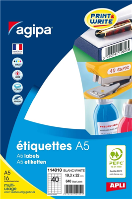 Agipa étiquettes multi-usage, 19,3 x 32 mm, blanches 114010