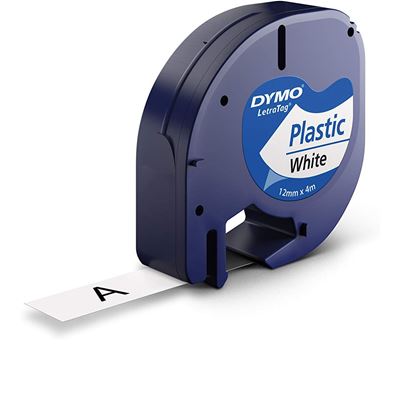 Dymo LetraTag Ruban Plastique Authentique, 1,2 cm x 4 m, Noir sur Blanc