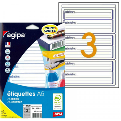 agipa Etiquettes expéditeur/destinataire 64 x 133 mm