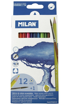 Milan - Pochette 12 crayons de couleur aquarrellables avec pinceau